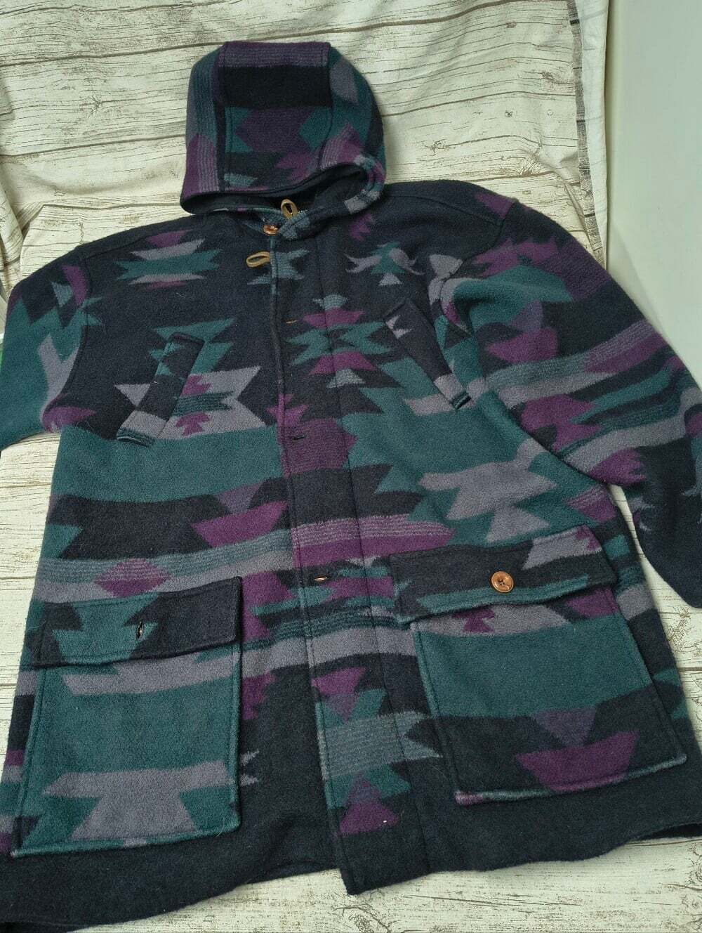 Vintage Tundra Wool Southwestern Purple And Teal Long Duster Jacket Hooded W 2xl